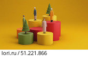 Tiny human figurines positioned on multicolored cylindrical platforms, circular arrangement featuring miniature trees, set against bright yellow background. Стоковое AI-видео, аниматор Юрий Поздников / Фотобанк Лори