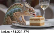Chameleon reaching out lengthy tongue, tasting sweet cake slice resting on white plate near wine glass at restaurant setting. Стоковое AI-видео, аниматор Юрий Поздников / Фотобанк Лори