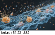 Cancer cells spreading across blue tissue surface, extending filaments and interacting with surrounding biological entities during dynamic cellular process. Стоковое AI-видео, аниматор Юрий Поздников / Фотобанк Лори