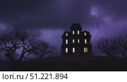 Lightning flashes illuminate a spooky haunted house on a hilltop at night, and as the storm passes, the lights inside mysteriously turn on, one by one. Стоковое AI-видео, аниматор Юрий Поздников / Фотобанк Лори