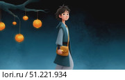 Young adventurer walking moonlit forest trail, glowing pumpkins illuminating mystical landscape, revealing enchanted nighttime journey through magical woodland scenery. Стоковое AI-видео, аниматор Юрий Поздников / Фотобанк Лори