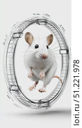 Laboratory mouse running inside spinning wireframe wheel, symbolizing scientific research, healthcare progress, generating experimental energy on clean white background. Стоковое AI-видео, аниматор Юрий Поздников / Фотобанк Лори