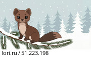 Sable on snowy pine branch in a wintry scene, with small marten resting on snow covered branch. Sable illustration depicting nature's beauty, with evergreen trees visible in background. Стоковое AI-изображение, AI-художник Ольга Березина / Фотобанк Лори