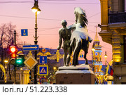 Конная скульптупа Клодта на Аничковом мосту на фоне новогоднего Невского проспекта и Думской башни. Санкт-Петербург. Стоковое фото, фотограф Ольга Визави / Фотобанк Лори