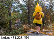 Tourism. Hiking. Ladoga skerries. Father and son tourists in yellow raincoats on stone islands in the forest. Republic of Karelia, Russia. Стоковое фото, фотограф Photojuli / Фотобанк Лори
