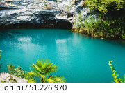 Grotto and blue clear mountain lake with vegetation along the banks. Стоковое фото, фотограф Елена Руй / Фотобанк Лори