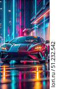 A Sleek Supercar Parked in Front of a Neon-Lit Cityscape. Generative AI. Стоковое AI-изображение, AI-художник Roman Zavorotny / Фотобанк Лори
