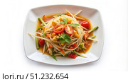Overhead View of Som Tam Thai Street Food Served on a White Plate. Generative AI. Стоковое AI-изображение, AI-художник Roman Zavorotny / Фотобанк Лори