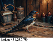 Vintage Swallow Bird Perched On Wooden Table With Rustic Decor. Generative AI. Стоковое AI-изображение, AI-художник Roman Zavorotny / Фотобанк Лори