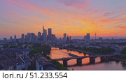 Frankfurt am Main Downtown City Skyline at Sunset. Aerial View. Hesse, Germany. Стоковое видео, видеограф Максим Забаровский / Фотобанк Лори