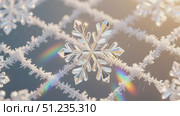 Crystal Snowflake with Rainbow Reflections on Frosty Lattice. Стоковое AI-видео, аниматор Виктория Кольцова / Фотобанк Лори