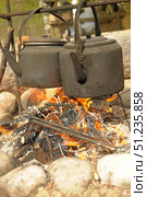 Two old metal kettles suspended over a fire on a makeshift crossbar made from a metal saw. The kettles are sooty, with a dark coating from the fire, creating an atmosphere of village life and camping romance. An open fire burns under them: orange tongues of fire engulf the logs and branches, gray coals and white ash are visible around. Stones frame the hearth, creating a feeling of coziness and a traditional campfire. In the background, a forest setting can be guessed - trees and a log, which emphasizes the atmosphere of nature and outdoor recreation. The photo conveys a feeling of simplicity, warmth and tranquility associated with outdoor recreation and camping life. Стоковое фото, фотограф Анна Кривицкая / Фотобанк Лори