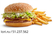 Cheeseburger and Fries. Junk Food dinner with Burger, French Fries isolated on white background. Unhealthy products. Bad for skin, heart and teeth. Assorted Takeaway or delivery Meal. Take Out Food. Стоковое AI-изображение, AI-художник Марина Демидюк / Фотобанк Лори