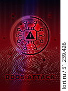 Cybersecurity alert during DDoS attack with visual representation of data breaches and network vulnerabilities. Стоковая иллюстрация, иллюстратор Сергей Толмачёв / Фотобанк Лори