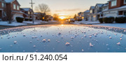 Dew and snowflakes glisten on a car hood as the sun rises over a quiet suburban neighborhood in early winter. Стоковое AI-изображение, AI-художник Ольга Невская / Фотобанк Лори