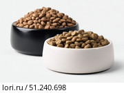 Brown Kibble Pet Food in Two White and Black Bowls. Lot of Dry Granules of Crunchy Dog or Cat Food. Animal Feed Pile. Pet Shop, Delivery. Healthy Treat. Feline Feeding. Domestic Animals Food Banner. Стоковое AI-изображение, AI-художник Марина Демидюк / Фотобанк Лори