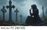 Woman in black robe sitting by gravestones and holding a drink. Стоковое AI-видео, аниматор KATERINA AI / Фотобанк Лори