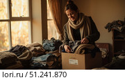Woman organizing clothes for donation in cardboard box at home. Стоковое фото, фотограф David Kashakhi / Фотобанк Лори