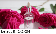 Rose Essence in Clear Bottle Surrounded by Pink Roses on White Surface. Стоковое видео, видеограф Ольга Коваленко / Фотобанк Лори