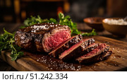 Sizzling medium-rare steak resting on rustic wooden cutting board. Стоковое фото, фотограф David Kashakhi / Фотобанк Лори