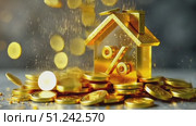 Gold luminous symbol percent in house on stack of gold coins on grey concrete background. Housing construction, discount, coupon, purchase, sale, realtor, mortgage, insurance, booking. AI generated. Стоковое AI-видео, аниматор Ольга Симонова / Фотобанк Лори