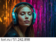 Девушка в современных наушниках слушает музыку, аудиокнигу. Стоковое AI-изображение, AI-художник Руслан Лесков / Фотобанк Лори