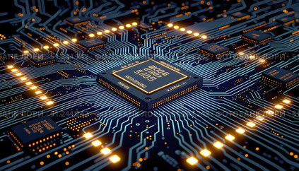 Electronic board with intricately arranged chips, wires, and bright yellow and red LEDs. Technology science background. Стоковое AI-изображение, AI-художник Iva Noel / Фотобанк Лори