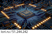 Electronic board with intricately arranged chips, wires, and bright yellow and red LEDs. Technology science background. Стоковое AI-изображение, AI-художник Iva Noel / Фотобанк Лори