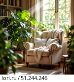 Cozy home interior with nook for reading with a plush armchair and large Monstera plant.  Professional photography with a shallow depth of field and bokeh effect. Стоковое AI-изображение, AI-художник Iva Noel / Фотобанк Лори