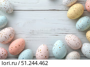 Colorful Speckled Eggs Arranged on a Rustic Wooden Surface for a Festive Spring Celebration. Стоковое AI-изображение, AI-художник Юлия Гапеенко / Фотобанк Лори