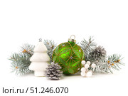 Christmas card with fir branches and Christmas decorations. Copy space. Стоковое фото, фотограф Ирина Толокновская / Фотобанк Лори
