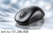 Modern sleek black computer mouse on a reflective surface. Стоковое AI-изображение, AI-художник Katsiaryna Repich / Фотобанк Лори