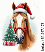 Portrait of a horse wearing a Santa Claus hat on a snowy background. Christmas tree and gift boxes in the background. AI generative. Стоковое AI-изображение, AI-художник Роман Дзюбало / Фотобанк Лори