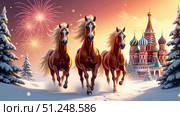 New Year's Eve. Three red horses on a snowy road. In the background, a fragment of Red Square and a festive fireworks display. AI generative. Стоковое AI-изображение, AI-художник Роман Дзюбало / Фотобанк Лори