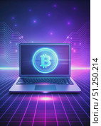 A Digital Hologram of Bitcoin on a Laptop Screen in a Retrofuturistic Setting. Generative AI. Стоковое AI-изображение, AI-художник Roman Zavorotny / Фотобанк Лори