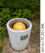 A yellow ball is placed inside a trash can with the words "Back to school" written on it. Russia. Moscow. 05.09.25. Редакционное фото, фотограф Ярославский Максим / Фотобанк Лори