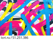 Vibrant Graffiti Pattern in Neon Blue, Pink, Yellow With 90s Urban Aesthetic. Стоковое фото, фотограф Александра Конопля / Фотобанк Лори
