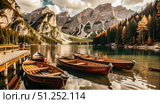 Wooden Boats Moored at Lake Braies in the Dolomites. Generative AI. Стоковое AI-изображение, AI-художник Roman Zavorotny / Фотобанк Лори
