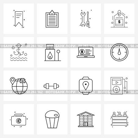 16 Interface Line Icon Set of modern symbols on matches, camping, wrench, baits, invest Vector Illustration. Стоковая иллюстрация, агентство Ingram Publishing / Фотобанк Лори