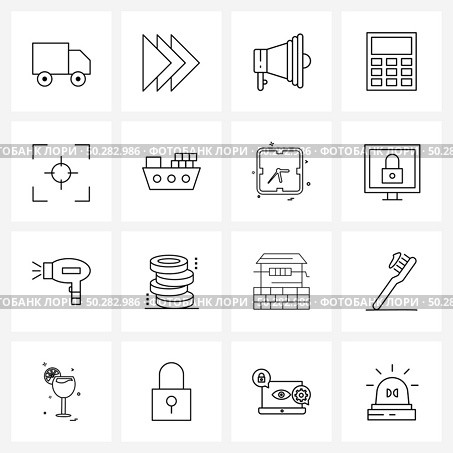 16 Universal Line Icon Pixel Perfect Symbols of aim, angle, movie, operation, calculator Vector Illustration. Стоковая иллюстрация, агентство Ingram Publishing / Фотобанк Лори