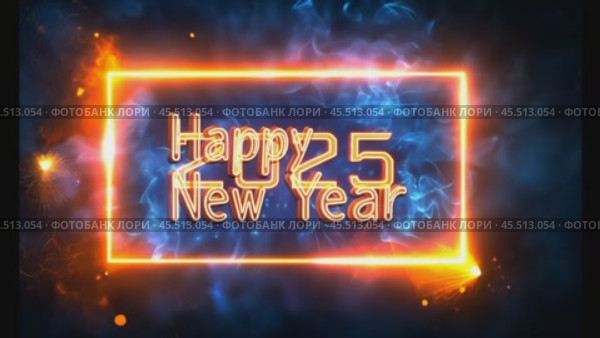 2025 is replaced by the text "Happy New Year" with bright digital lights and blue electric effects highlighting the year on a mesmerizing display. Стоковое AI-видео, аниматор Елена Зубкова / Фотобанк Лори
