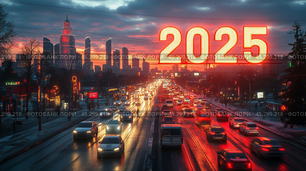 2025 new year. Illuminated 2025 Neon Light Display Against Evening City Backdrop Festivity Celebration Banner Urban Landscape Twilight Glow Vibrant Red Numerals New Year. 3d rendering. Стоковое AI-изображение, AI-художник Елена Зубкова / Фотобанк Лори