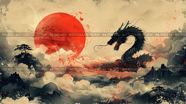 2025 Year of the Snake New Year's card template with Japanese pattern and Snake. Translation: Kotoshi-mo-yoroshiku(May this year be a great one) Стоковое AI-изображение, AI-художник Ирина Михайличенко / Фотобанк Лори