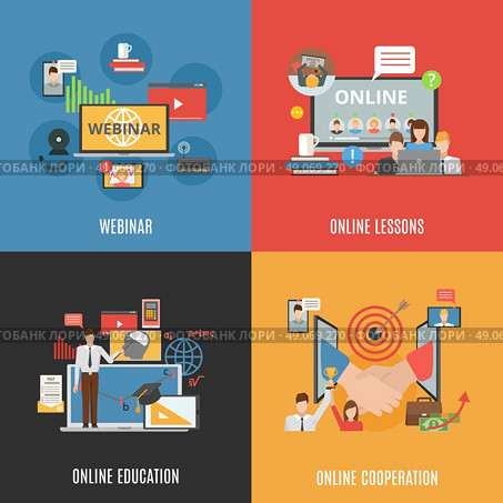 2x2 Design Concept Set Of Webinar Icons . 2x2 flat design concept set of webinar online education and online cooperation compositions flat vector illustration. Стоковая иллюстрация, агентство Ingram Publishing / Фотобанк Лори