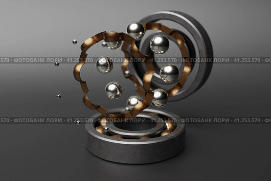 3D illustration metal silver  disassembled ball bearing with balls on  gray  isolated background. Bearing industrial. Part of the car. Стоковое фото, фотограф Виталий Сова / Фотобанк Лори