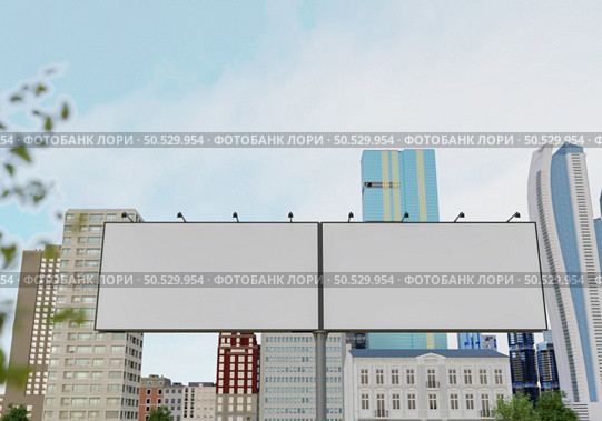 3D illustration mockup blank horizontal outdoors billboard near high building at downtown, empty space for insert advertising, communication marketing, rendering. Стоковое фото, агентство Ingram Publishing / Фотобанк Лори