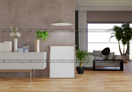 3D illustration, Mockup photo frame in living room, Interior of comfortable with luxury furniture and decorate in minimal style with houseplant in pot, rendering. Стоковое фото, агентство Ingram Publishing / Фотобанк Лори