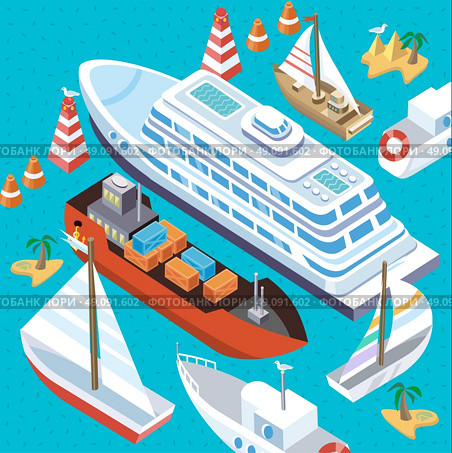 3d isometric set ships. Sea transport. Island and buoy, motorboat and containership, cruise and tanker, cargo shipping, boat transportation, ocean and vessel on blue background. Sea transport vector. Стоковая иллюстрация, агентство Ingram Publishing / Фотобанк Лори