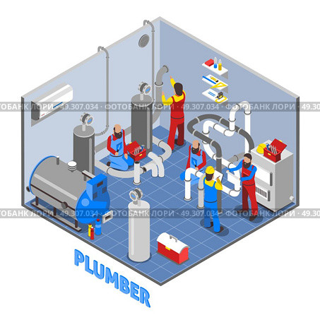 3d Plumber People Composition. 3d plumber people composition in isometric style in uniform work in the basement vector illustration. Стоковая иллюстрация, агентство Ingram Publishing / Фотобанк Лори