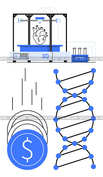 3D printer creating a heart, DNA double helix structure, falling coins representing financial investment. Ideal for biotechnology, medical research, healthcare innovation, genetic engineering, 3D. Advances in Biotechnology 3D Printing, DNA Sequencing and Financial Investment in Innovation. Стоковая иллюстрация, агентство Ingram Publishing / Фотобанк Лори